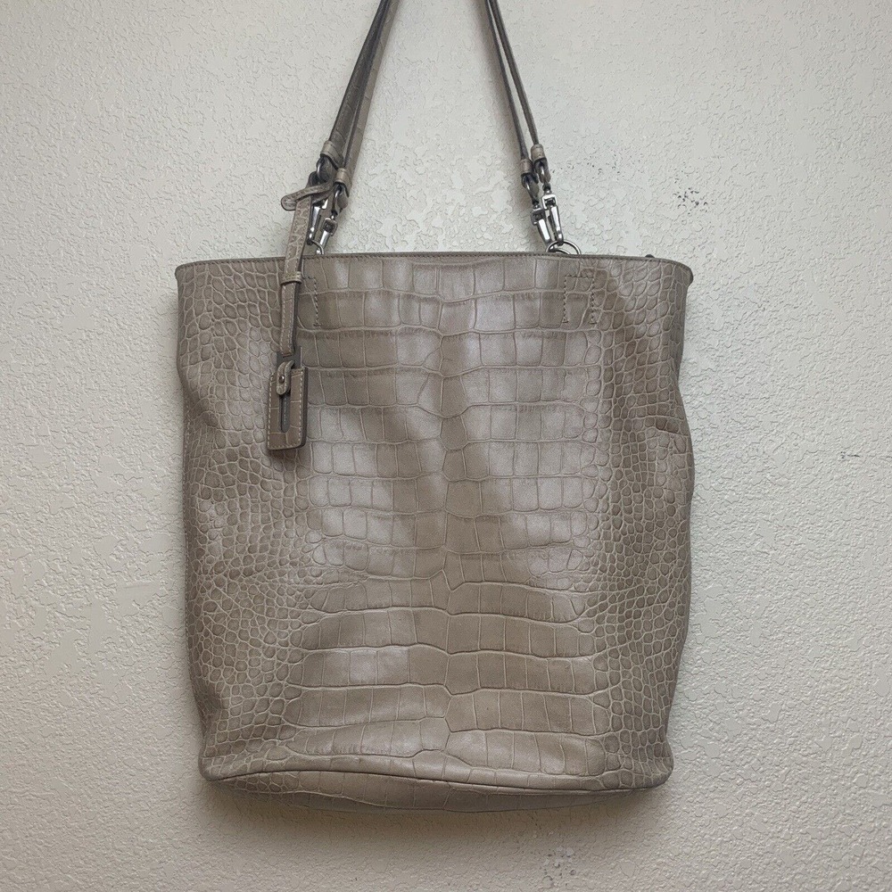 Max Mara Large Beige Croc Embossed Leather Tote Hobo Bag COTTAGECORE NUDE SKIN